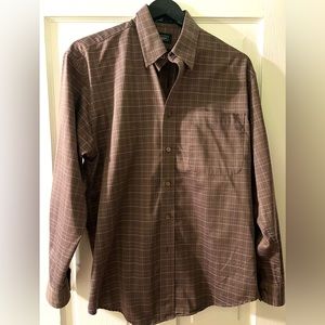 Haggar Men’s M Shirt No Iron Brown Plaid Button up Long Sleeves Cotton